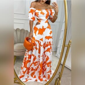 Orange Off The Shoulder Cut Out Maxi Dress